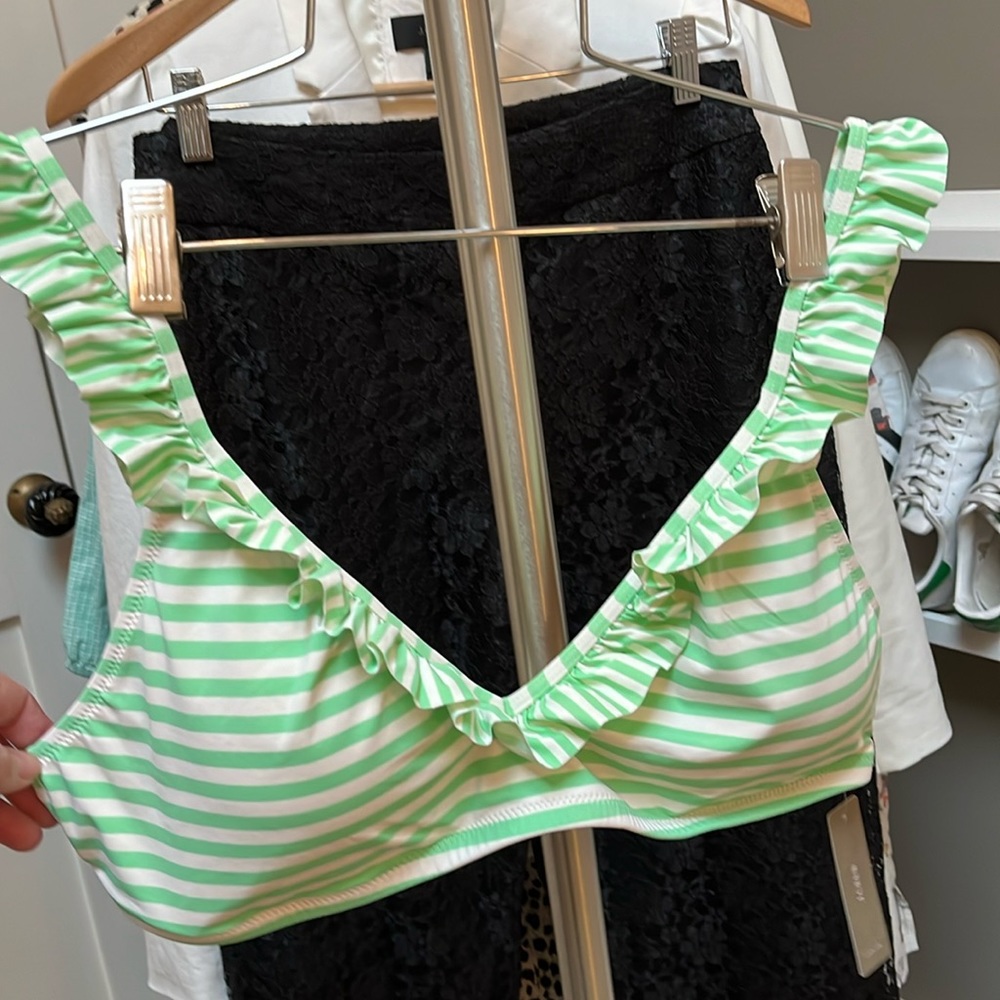 JCrew ruffle bikini top. Green and cream nautical stripe. Size XL